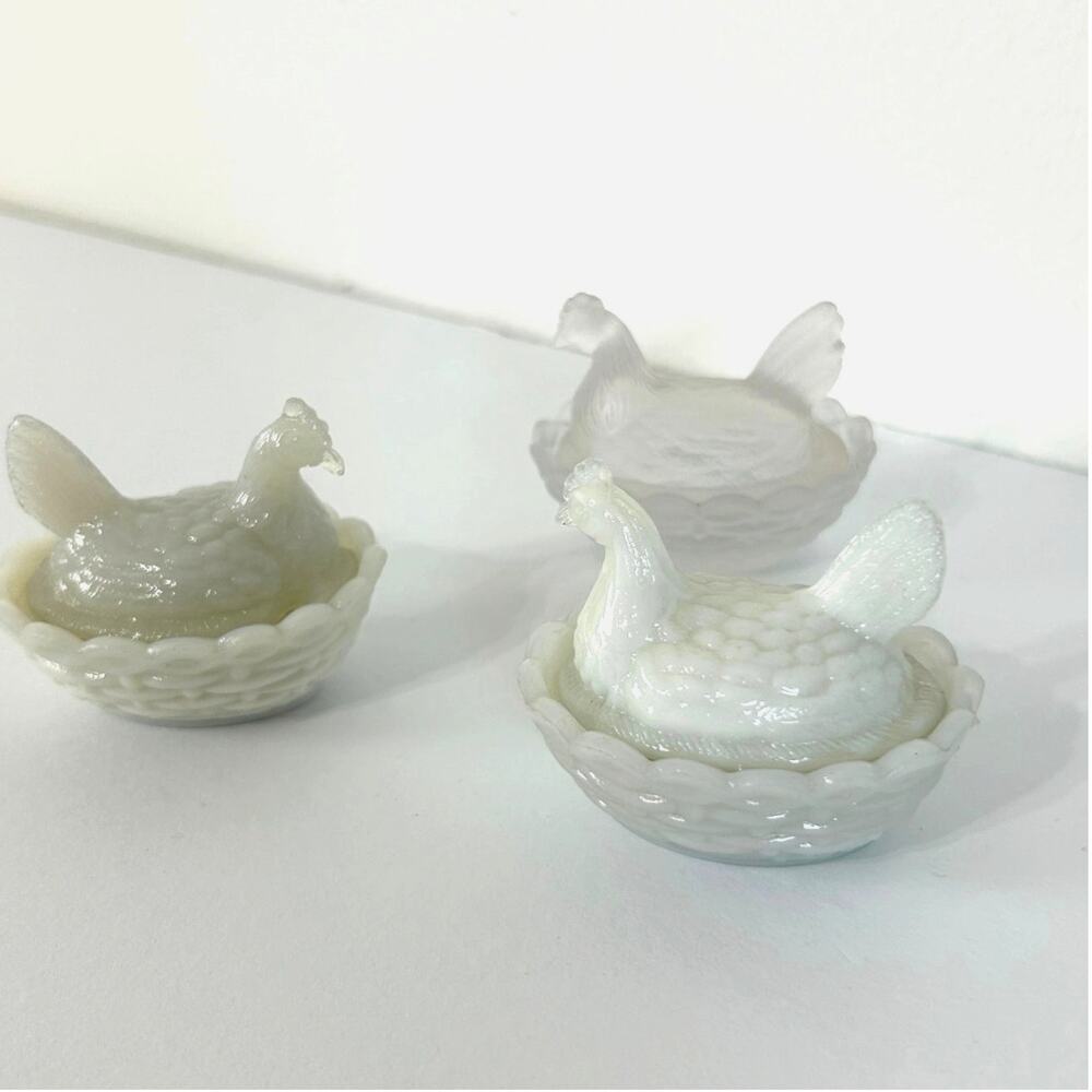 Vallerysthal Mini Hen on Nest Lot 3 Covered Salt Cellars Opaline Milk Glass